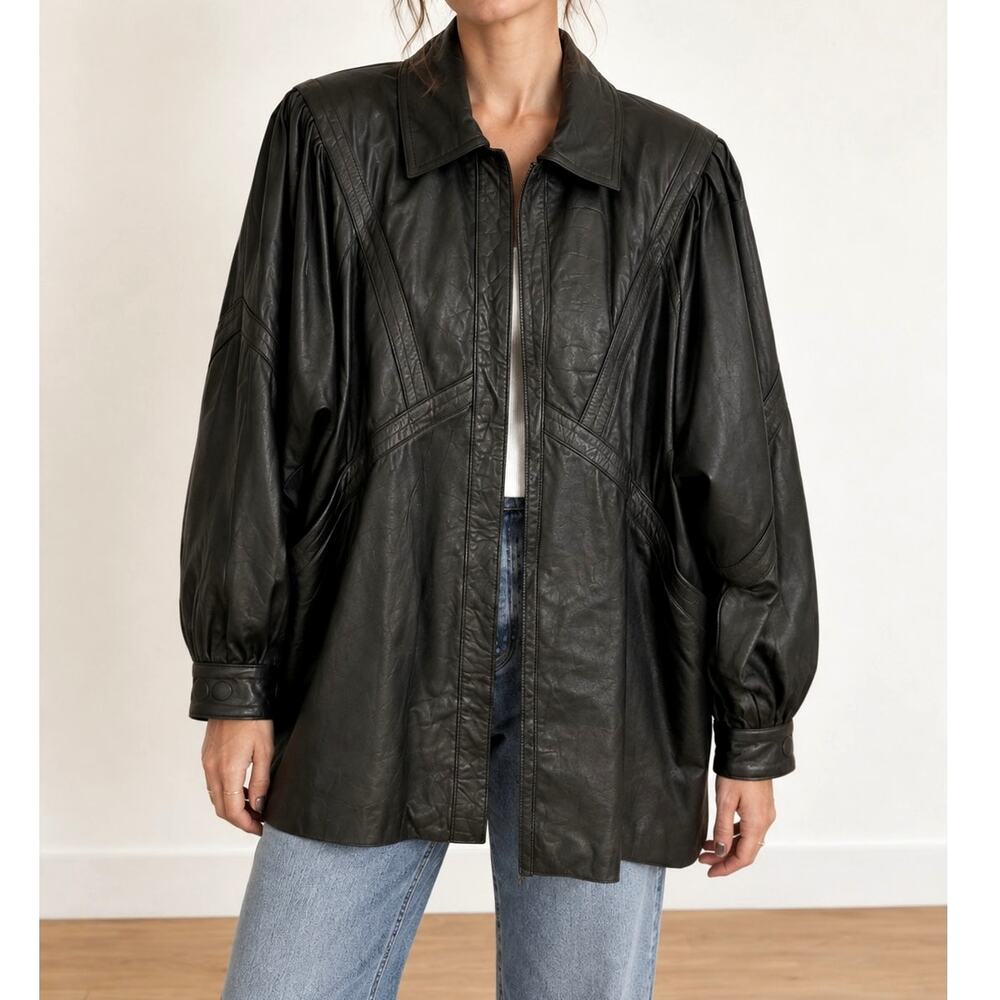 80s Kerguelen Black Leather Jacket Argentina Oversized Dolman Puff Sleeve Vtg